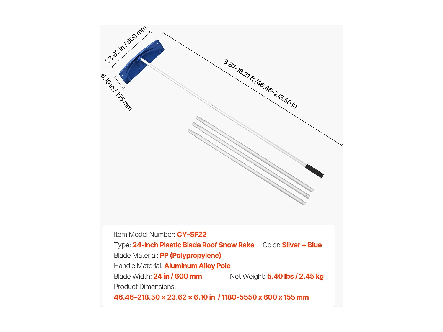 Râteau à Neige SucceBuy de Toit, 60 cm, Râteau de Déneigement Réglable 1,18-5,5 m, avec Grattoir Plastique PP, Roues Inférieures, Poignée Antidérapante