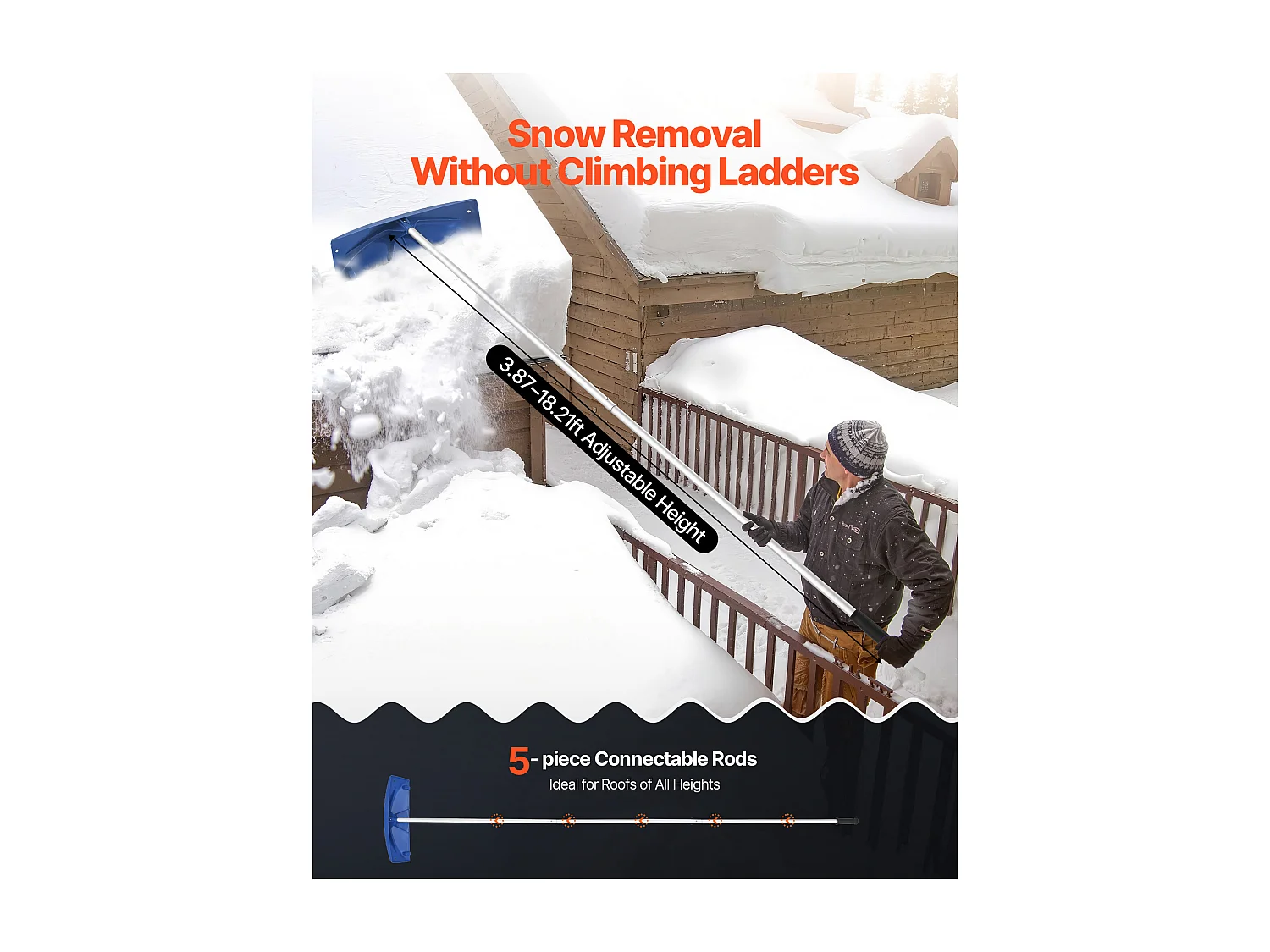 Râteau à Neige SucceBuy de Toit, 60 cm, Râteau de Déneigement Réglable 1,18-5,5 m, avec Grattoir Plastique PP, Roues Inférieures, Poignée Antidérapante