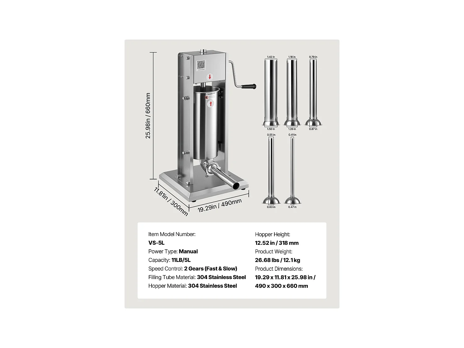 Wypycharka do Kiełbas SucceBuy Ręczna Pojemność 5 L, Pionowa Maszyna do Kiełbas ze Stali Nierdzewnej, Napełniarka z Podwójną Prędkością, z 5 Rurkami do Napełniania