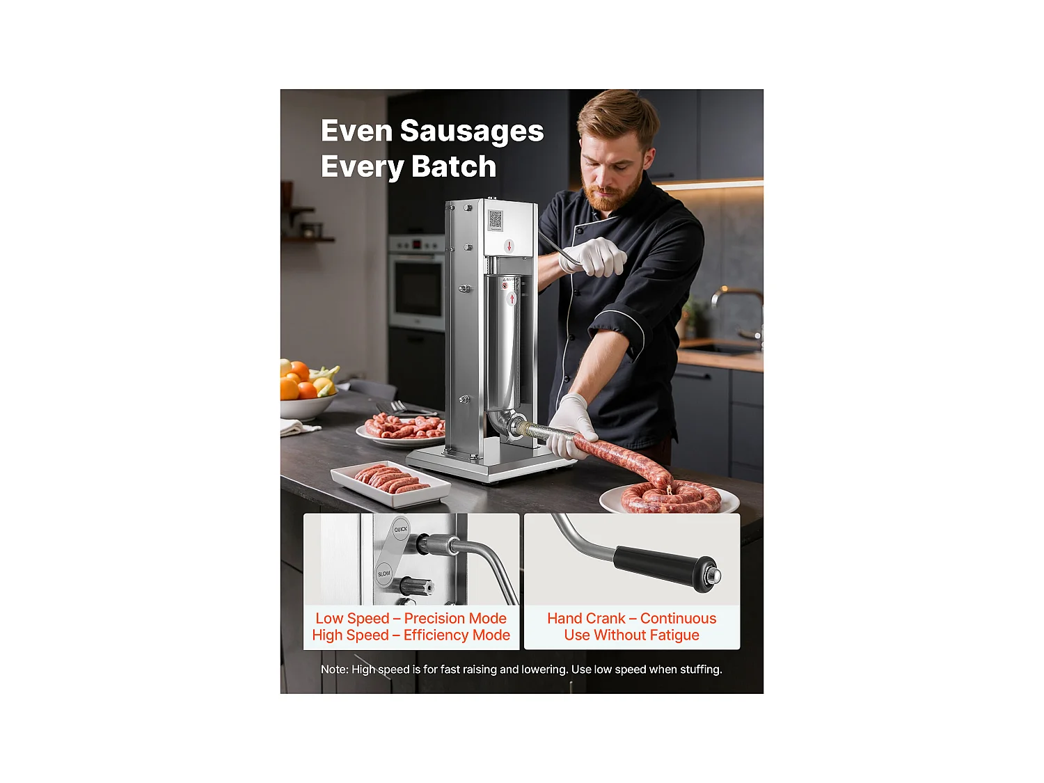 Wypycharka do Kiełbas SucceBuy Ręczna Pojemność 5 L, Pionowa Maszyna do Kiełbas ze Stali Nierdzewnej, Napełniarka z Podwójną Prędkością, z 5 Rurkami do Napełniania