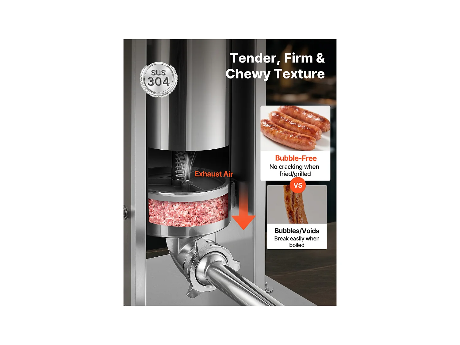 Wypycharka do Kiełbas SucceBuy Ręczna Pojemność 5 L, Pionowa Maszyna do Kiełbas ze Stali Nierdzewnej, Napełniarka z Podwójną Prędkością, z 5 Rurkami do Napełniania