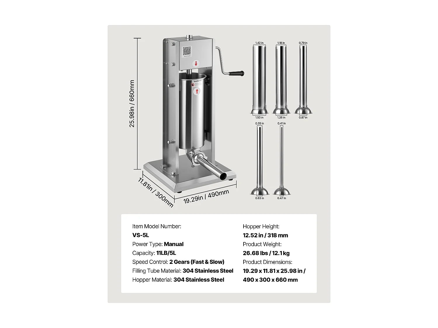 Poussoir à Saucisses SucceBuy Manuel Capacité 5 L, Machine à Saucisses Verticale en Acier Inoxydable, Ensacheuse à Double Vitesse, avec 5 Tubes de Remplissage