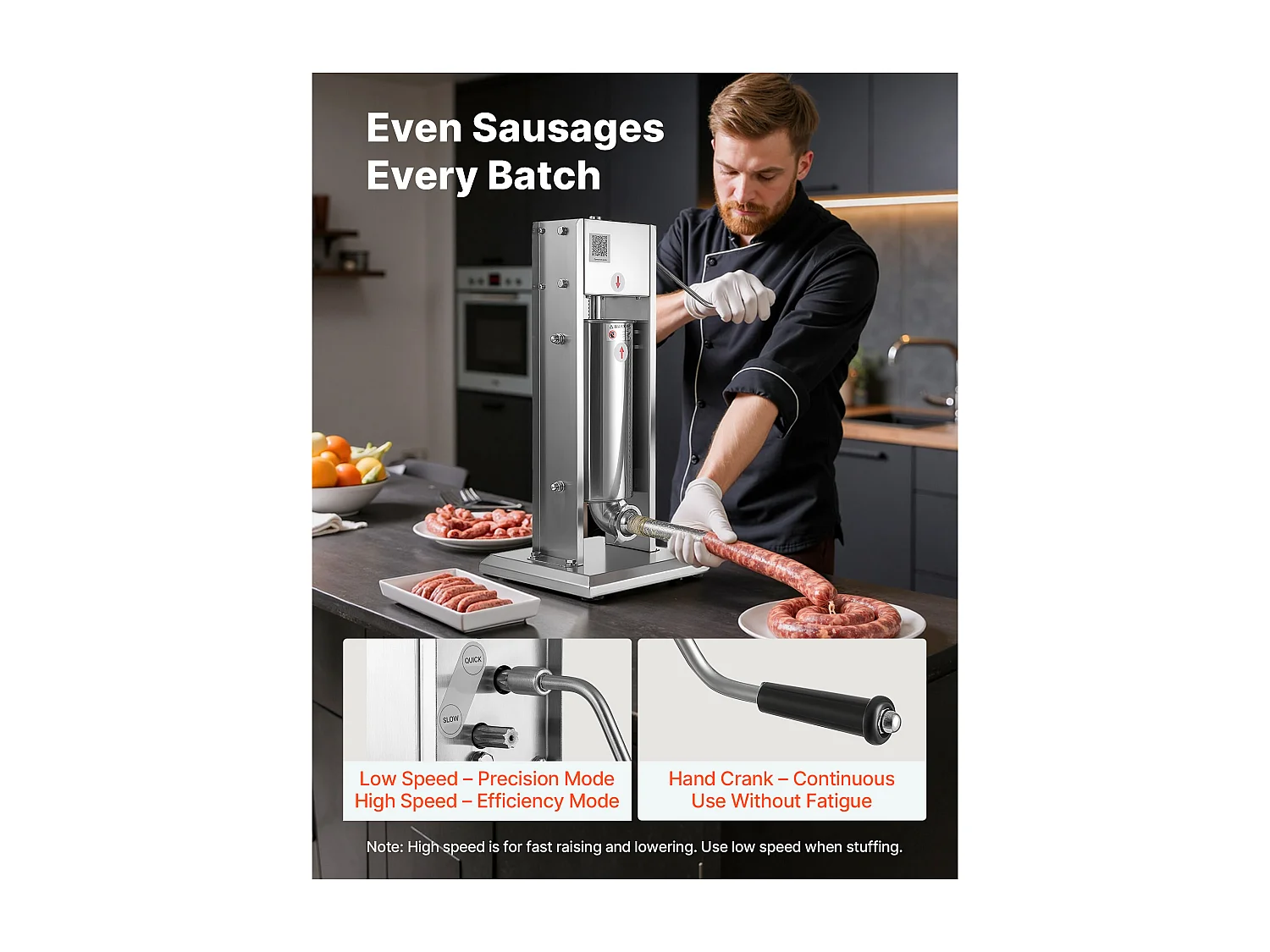 Poussoir à Saucisses SucceBuy Manuel Capacité 5 L, Machine à Saucisses Verticale en Acier Inoxydable, Ensacheuse à Double Vitesse, avec 5 Tubes de Remplissage