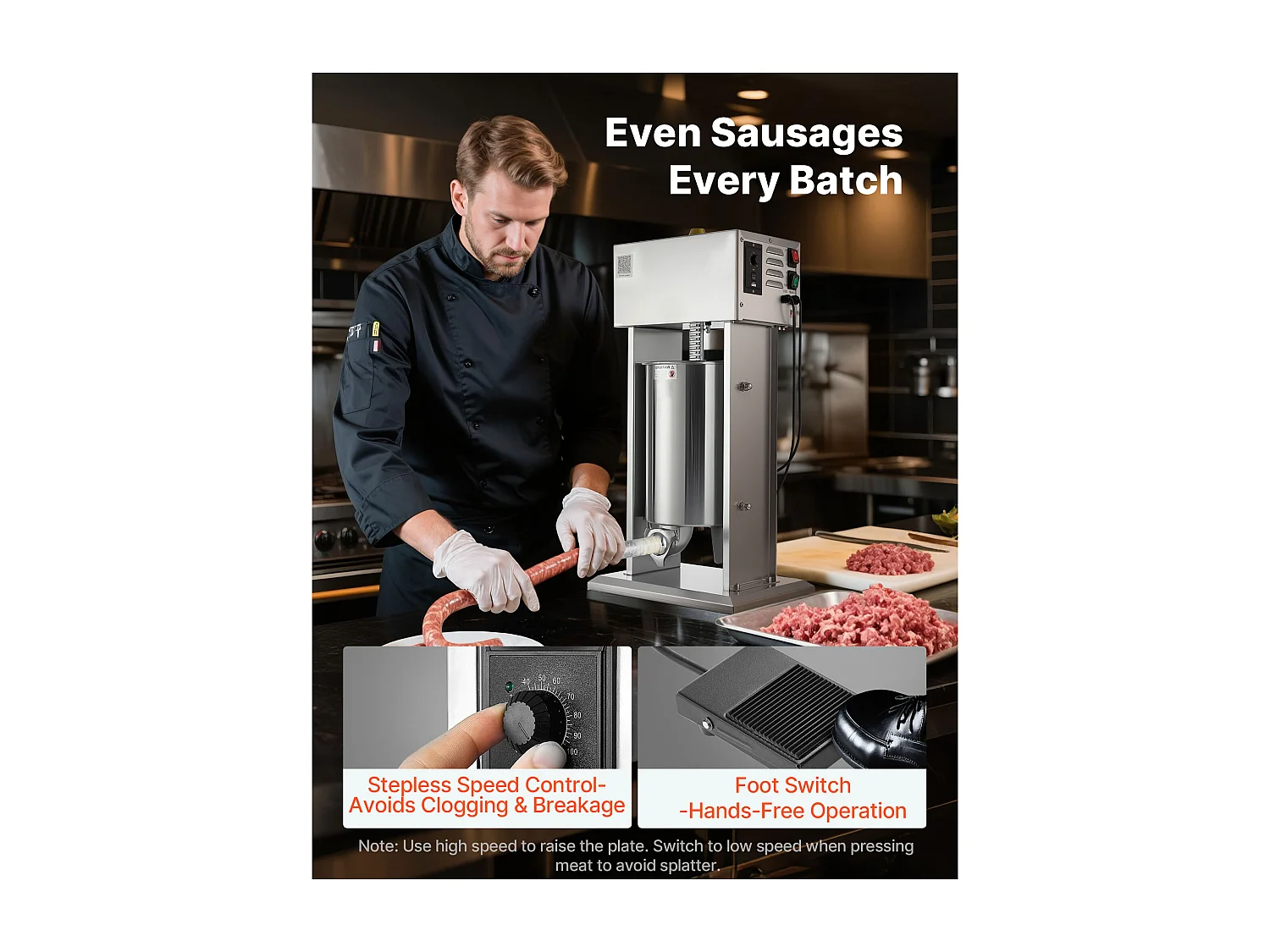 Wypycharka do Kiełbas SucceBuy Elektryczna 12 L, Pionowa Maszyna do Kiełbas ze Stali Nierdzewnej, Napełniarka z Ciągłą Kontrolą Prędkości i Pedałem