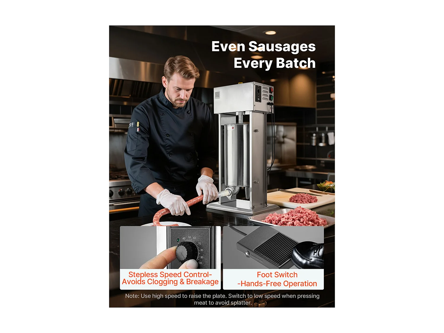 Wypycharka do Kiełbas SucceBuy Elektryczna 15 L, Pionowa Maszyna do Kiełbas ze Stali Nierdzewnej, Napełniarka z Ciągłą Kontrolą Prędkości i Pedałem