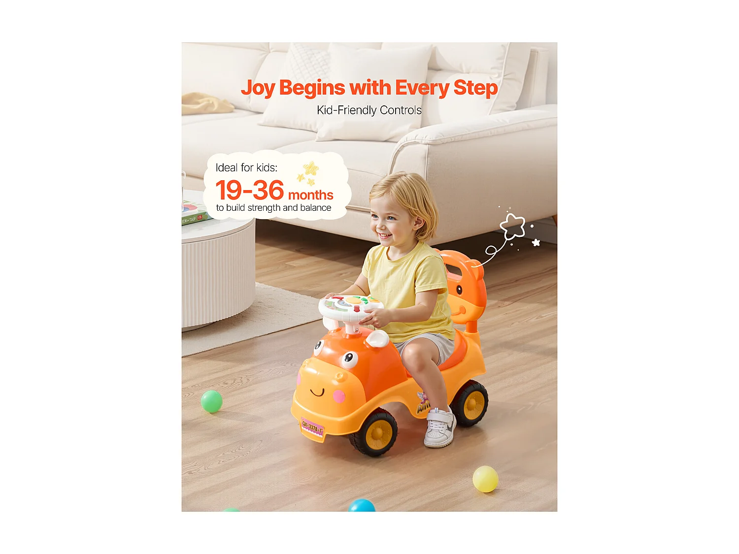 Loopauto Kinderen SucceBuy 19 tot 36 Maanden, Duwauto voor Peuters, Capaciteit 22 kg, met Toeter en Muziek, Opslag onder Zitje, voor Jongens