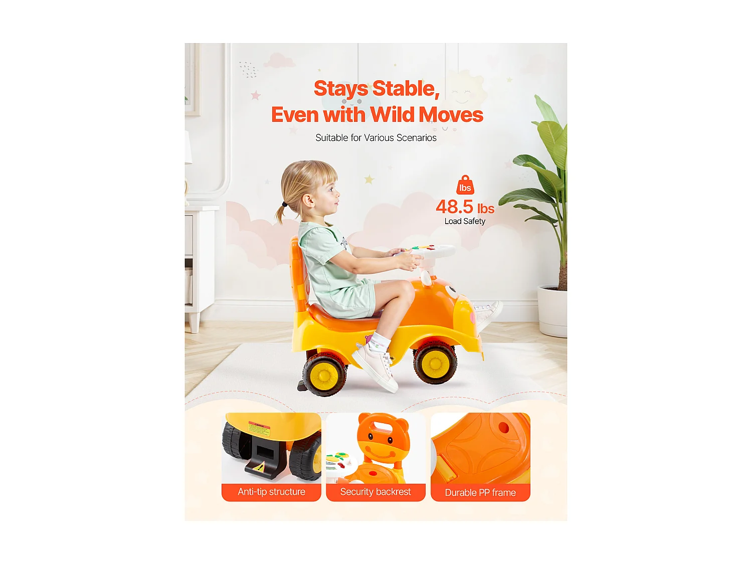 Loopauto Kinderen SucceBuy 19 tot 36 Maanden, Duwauto voor Peuters, Capaciteit 22 kg, met Toeter en Muziek, Opslag onder Zitje, voor Jongens