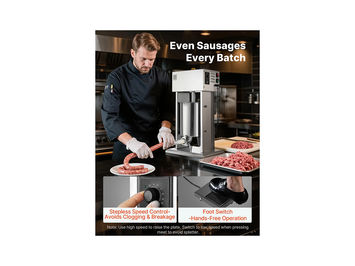 Wypycharka do Kiełbas SucceBuy Elektryczna 10 L, Pionowa Maszyna do Kiełbas ze Stali Nierdzewnej, Napełniarka z Ciągłą Kontrolą Prędkości i Pedałem
