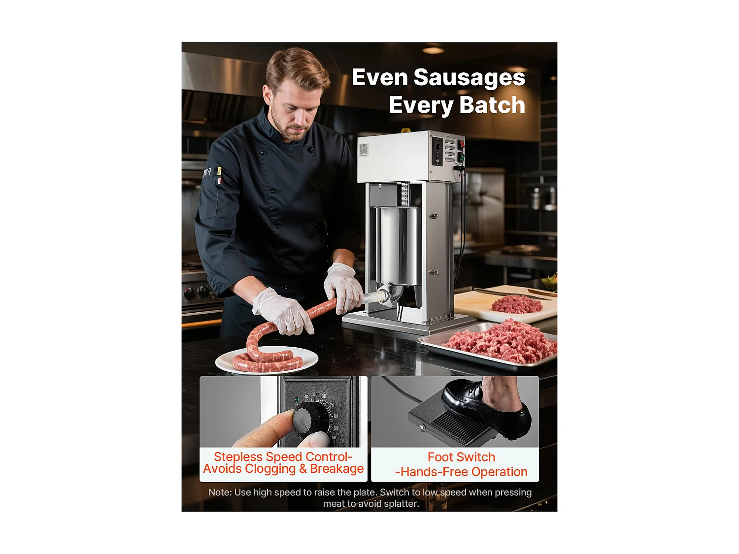 Wypycharka do Kiełbas SucceBuy Elektryczna 10 L, Pionowa Maszyna do Kiełbas ze Stali Nierdzewnej, Napełniarka z Ciągłą Kontrolą Prędkości i Pedałem