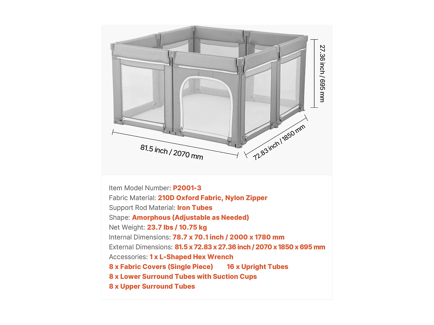 Parc Bébé SucceBuy Modulable Pliable, 200 x 178 cm, Parc de Jeu Enfant, Porte Zippée, Maille Respirante Douce, Barrière Jeu pour Tout-petits Apprendre