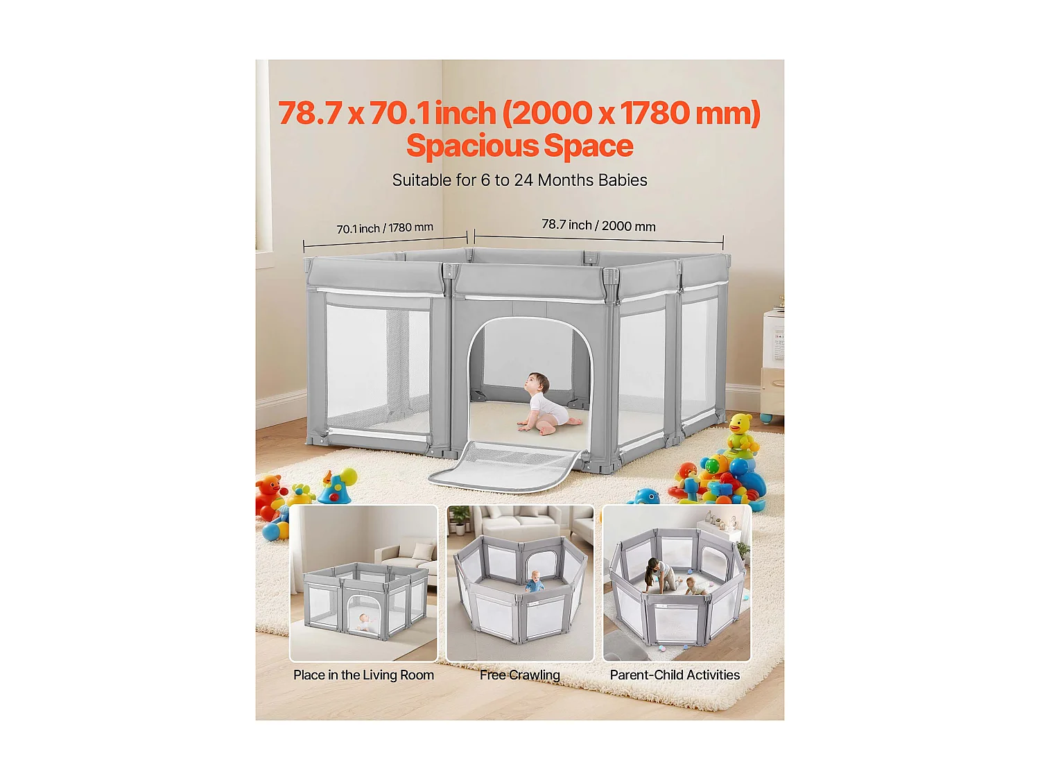 Parc Bébé SucceBuy Modulable Pliable, 200 x 178 cm, Parc de Jeu Enfant, Porte Zippée, Maille Respirante Douce, Barrière Jeu pour Tout-petits Apprendre