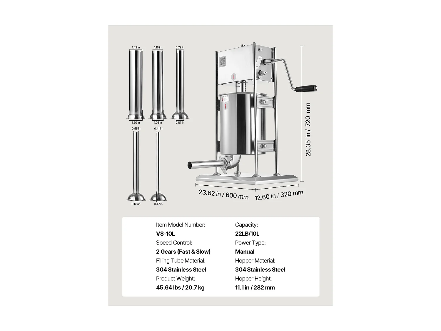 Wypycharka do Kiełbas SucceBuy Ręczna Pojemność 10 L, Pionowa Maszyna do Kiełbas ze Stali Nierdzewnej, Napełniarka z Podwójną Prędkością