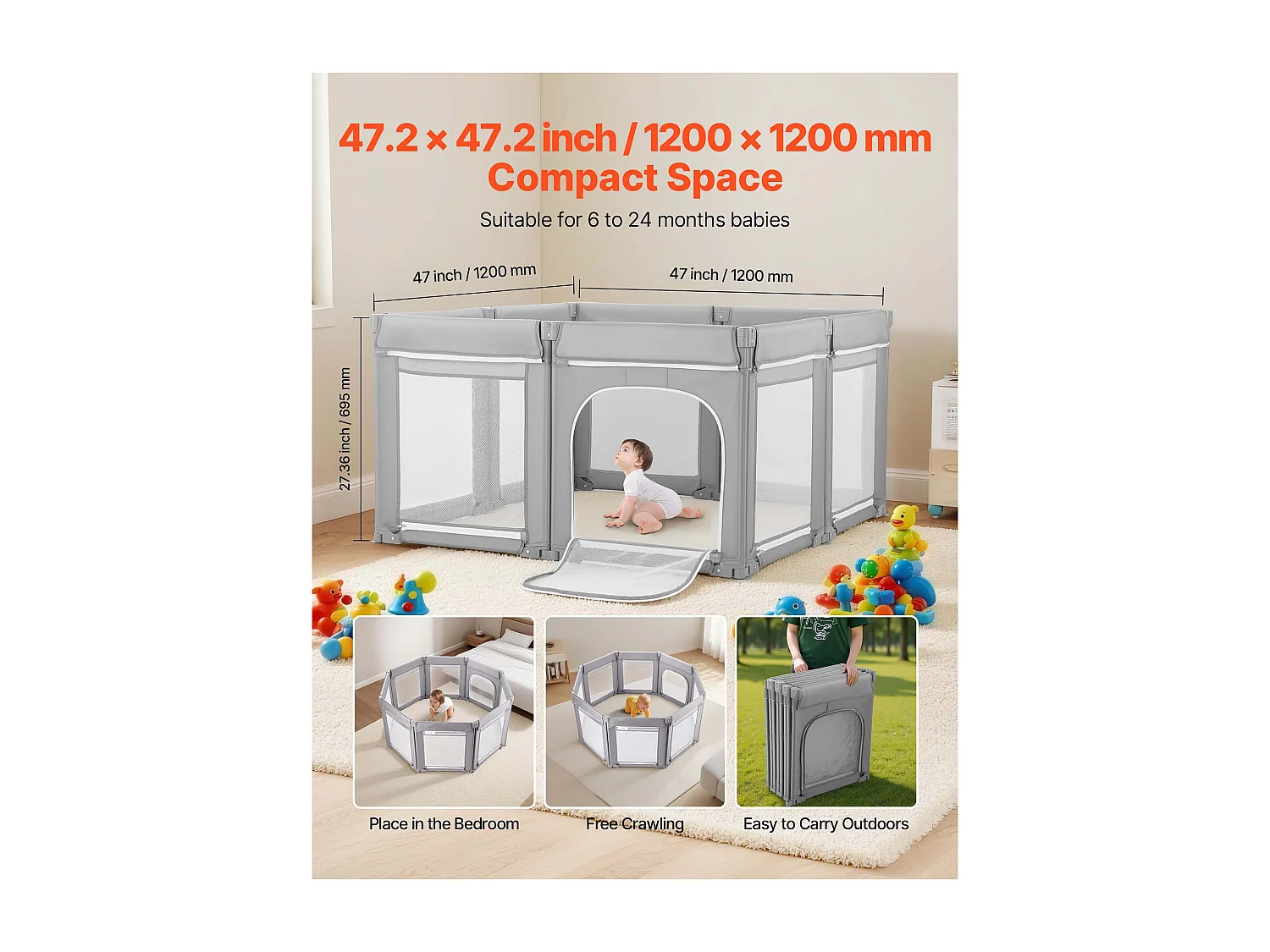 Corral para Bebés SucceBuy Modulable Plegable, 120 x 120 cm, Parque de Juegos Infantil, Puerta con Cremallera, Valla de Juego para Bebés Aprender