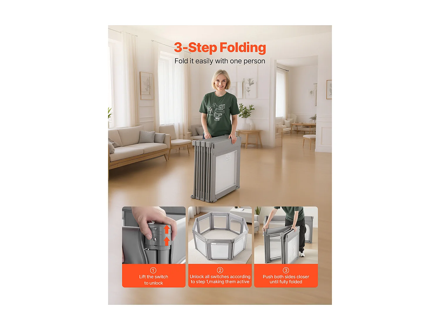 Corral para Bebés SucceBuy Modulable Plegable, 120 x 120 cm, Parque de Juegos Infantil, Puerta con Cremallera, Valla de Juego para Bebés Aprender