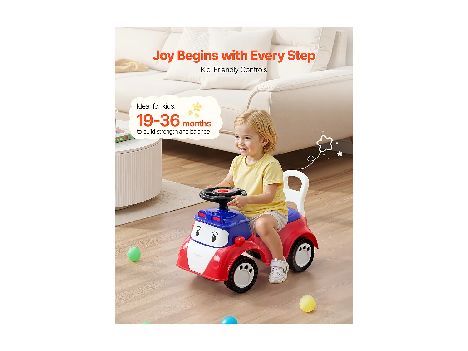 Porteur Auto Enfants SucceBuy 19 à 36 Mois, Voiture à Pousser pour Tout-petits, Capacité de Charge 25 kg, avec Musique, Rangement sous Siège, pour Garçons