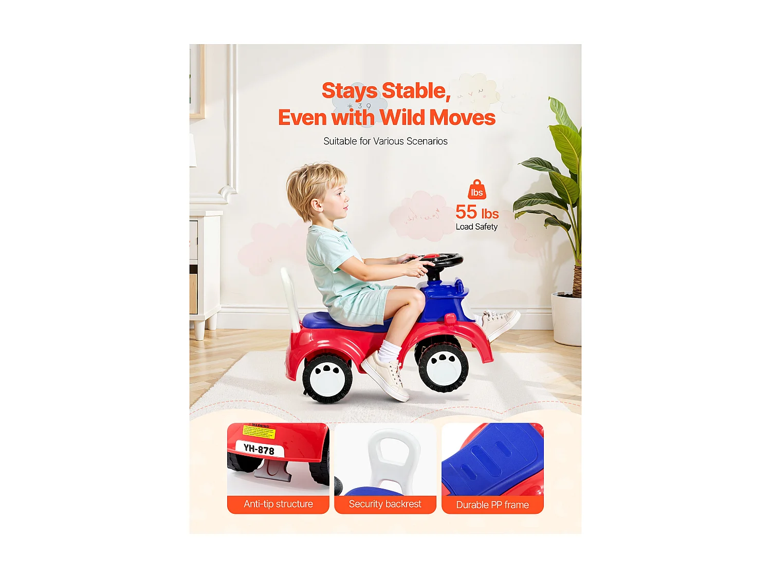 Porteur Auto Enfants SucceBuy 19 à 36 Mois, Voiture à Pousser pour Tout-petits, Capacité de Charge 25 kg, avec Musique, Rangement sous Siège, pour Garçons