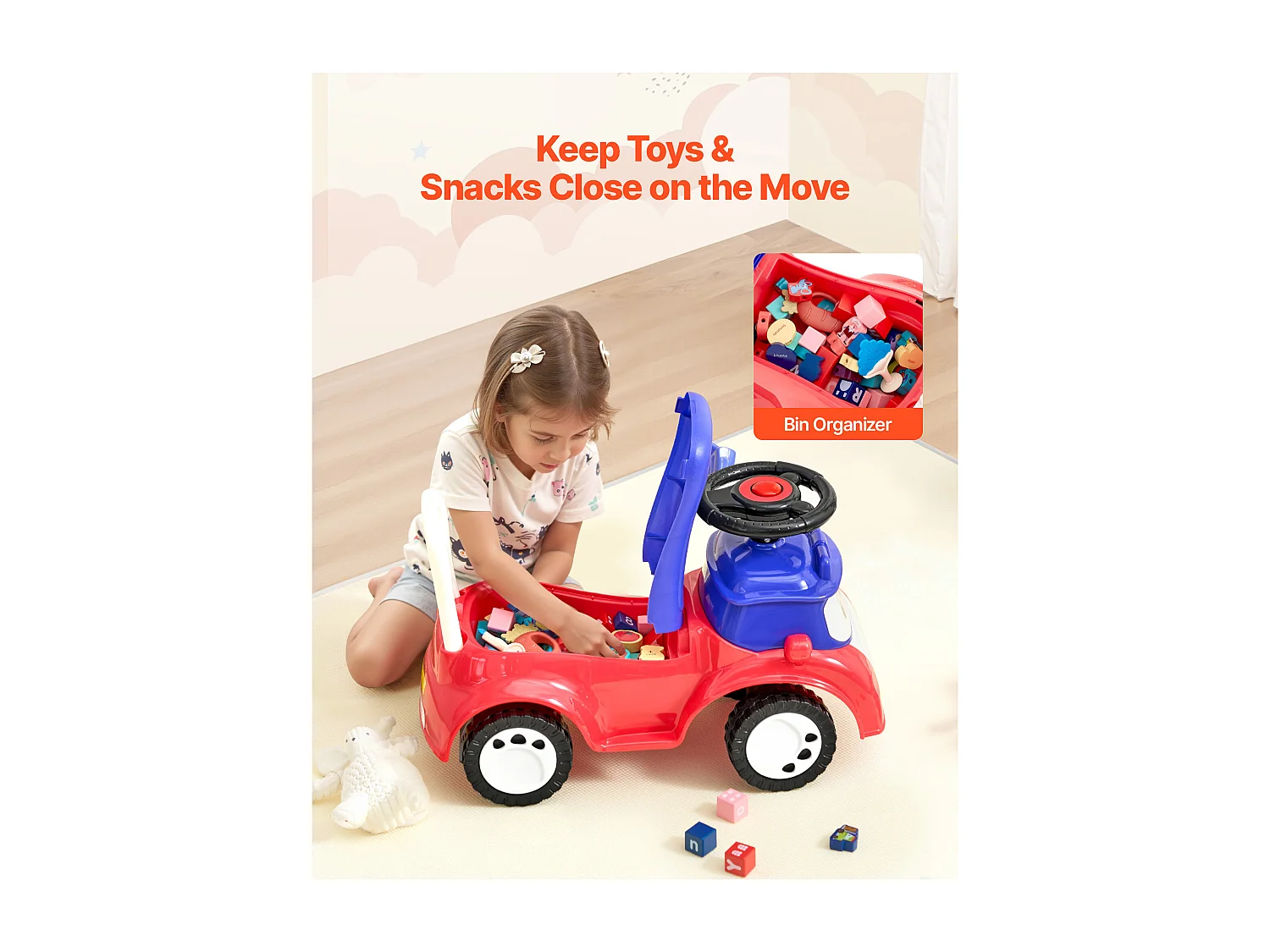 Porteur Auto Enfants SucceBuy 19 à 36 Mois, Voiture à Pousser pour Tout-petits, Capacité de Charge 25 kg, avec Musique, Rangement sous Siège, pour Garçons