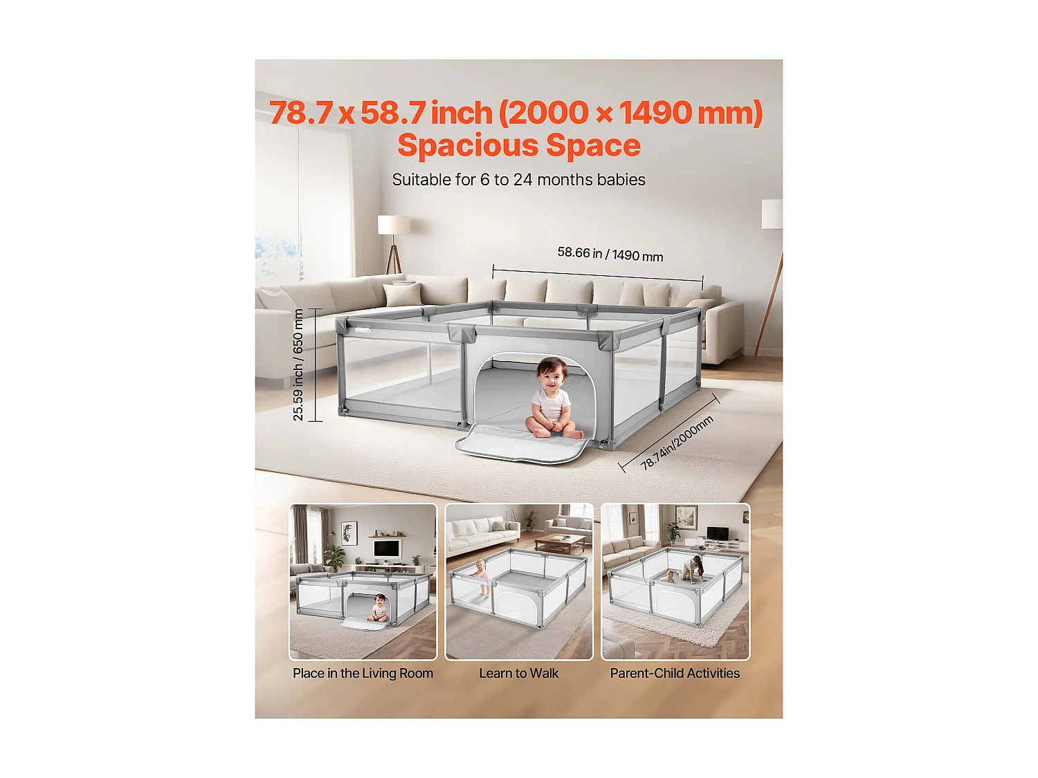 Parc Bébé SucceBuy, 200x149 cm, Parc de Jeu Enfant, avec 50 Balles Océaniques, Sac de Voyage, Porte Zippée, Maille Respirante, Barrière de Jeu