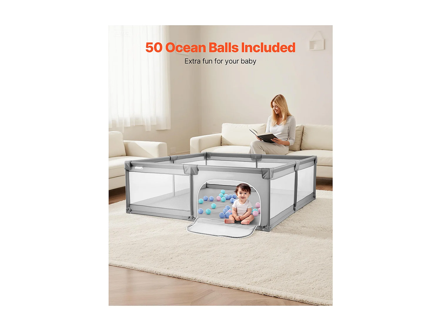 Parc Bébé SucceBuy, 200x149 cm, Parc de Jeu Enfant, avec 50 Balles Océaniques, Sac de Voyage, Porte Zippée, Maille Respirante, Barrière de Jeu