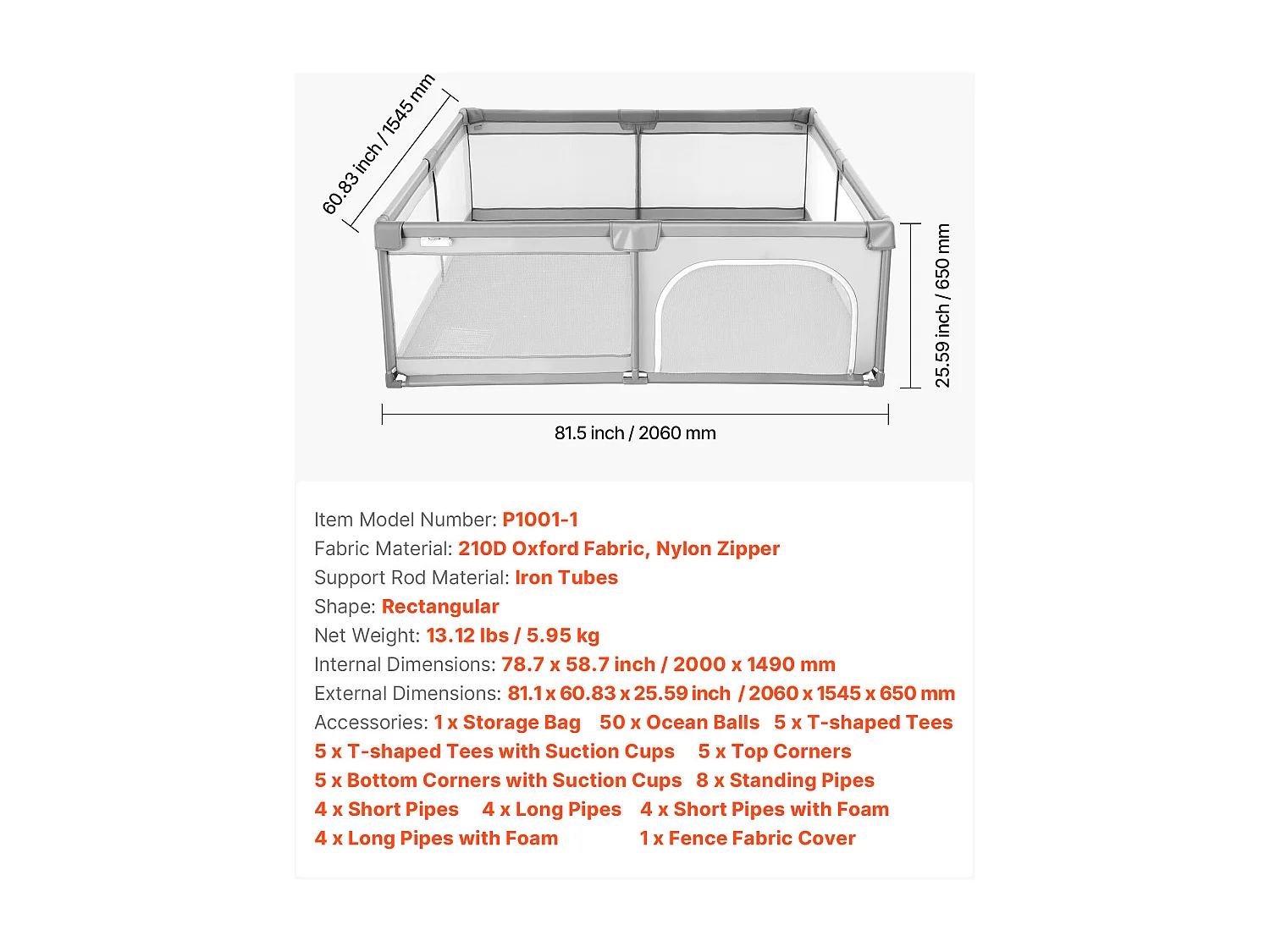 Parc Bébé SucceBuy, 200x149 cm, Parc de Jeu Enfant, avec 50 Balles Océaniques, Sac de Voyage, Porte Zippée, Maille Respirante, Barrière de Jeu