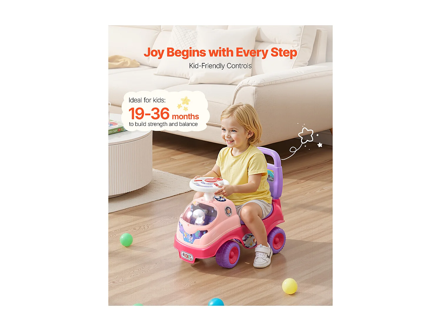 Coche de Juguete SucceBuy para Niños 19 a 36 Meses, Coche de Empuje para Bebés, Carga 22 kg, con Bocina y Música, Almacenamiento bajo Asiento, para Niños