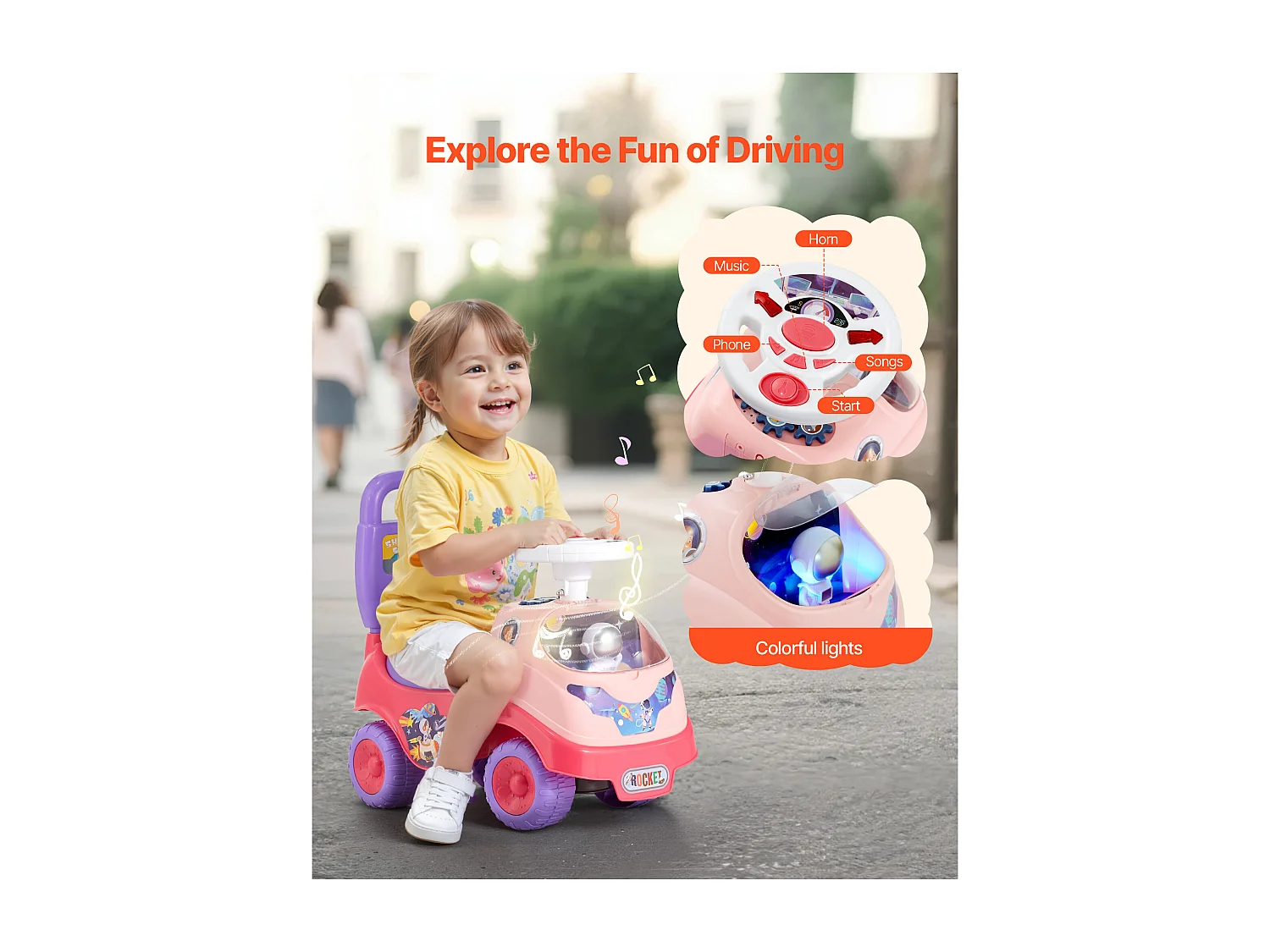 Coche de Juguete SucceBuy para Niños 19 a 36 Meses, Coche de Empuje para Bebés, Carga 22 kg, con Bocina y Música, Almacenamiento bajo Asiento, para Niños