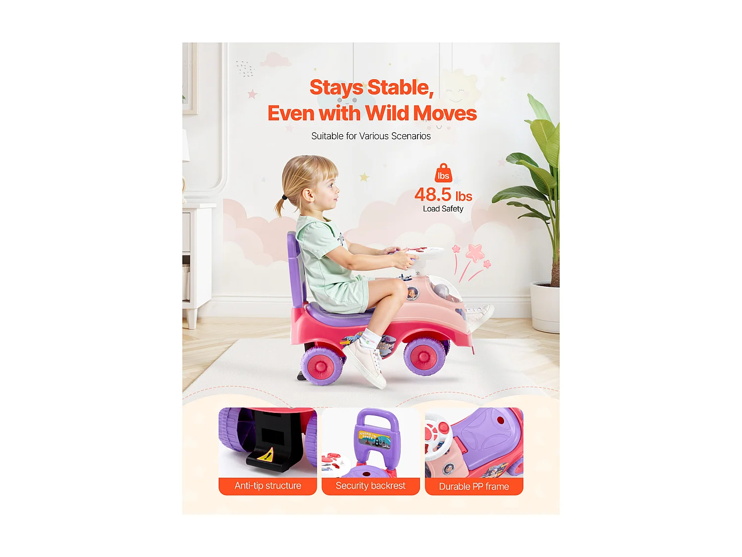 Coche de Juguete SucceBuy para Niños 19 a 36 Meses, Coche de Empuje para Bebés, Carga 22 kg, con Bocina y Música, Almacenamiento bajo Asiento, para Niños