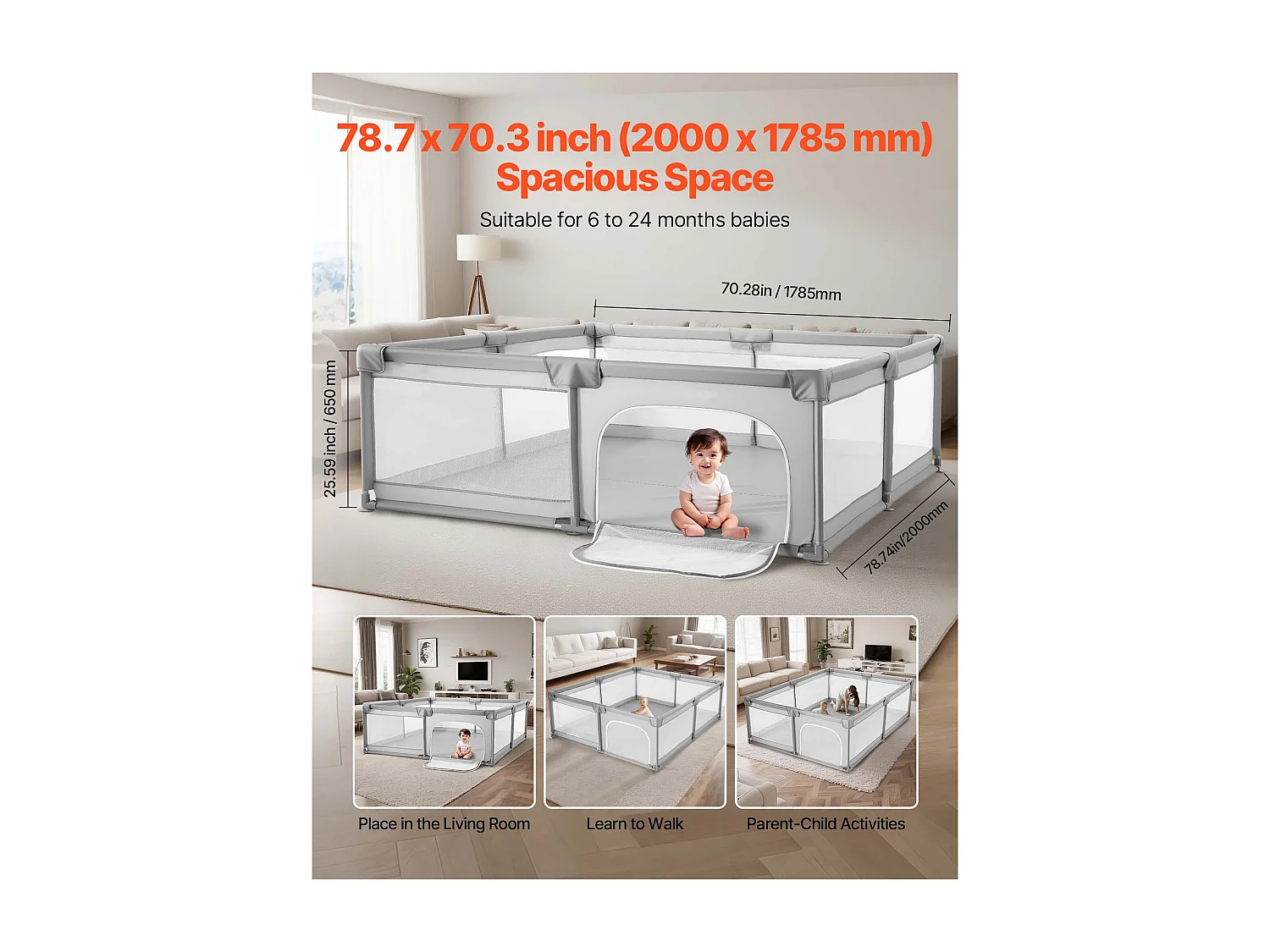 Laufstall SucceBuy, 200 x 178,5 cm, Kinder Spielplatz, mit 50 Bällebad Bällen, Reisetasche, Reißverschlusstür, Atmungsaktives Netz, Spielgitter