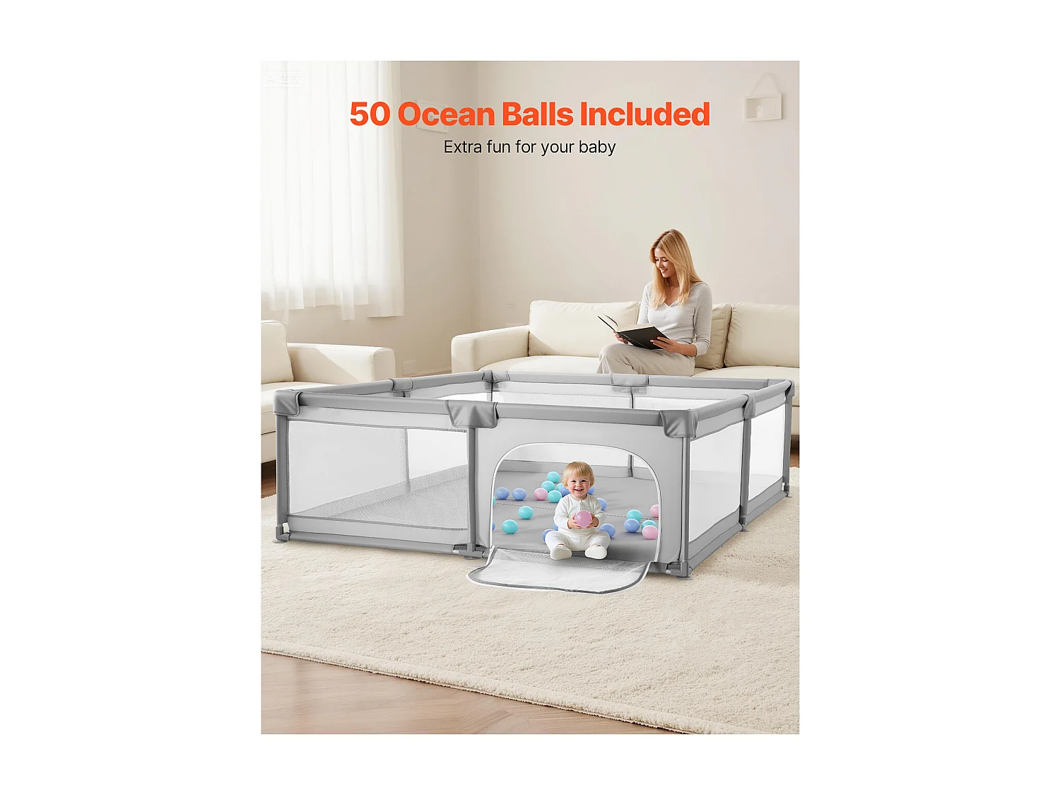 Laufstall SucceBuy, 200 x 178,5 cm, Kinder Spielplatz, mit 50 Bällebad Bällen, Reisetasche, Reißverschlusstür, Atmungsaktives Netz, Spielgitter