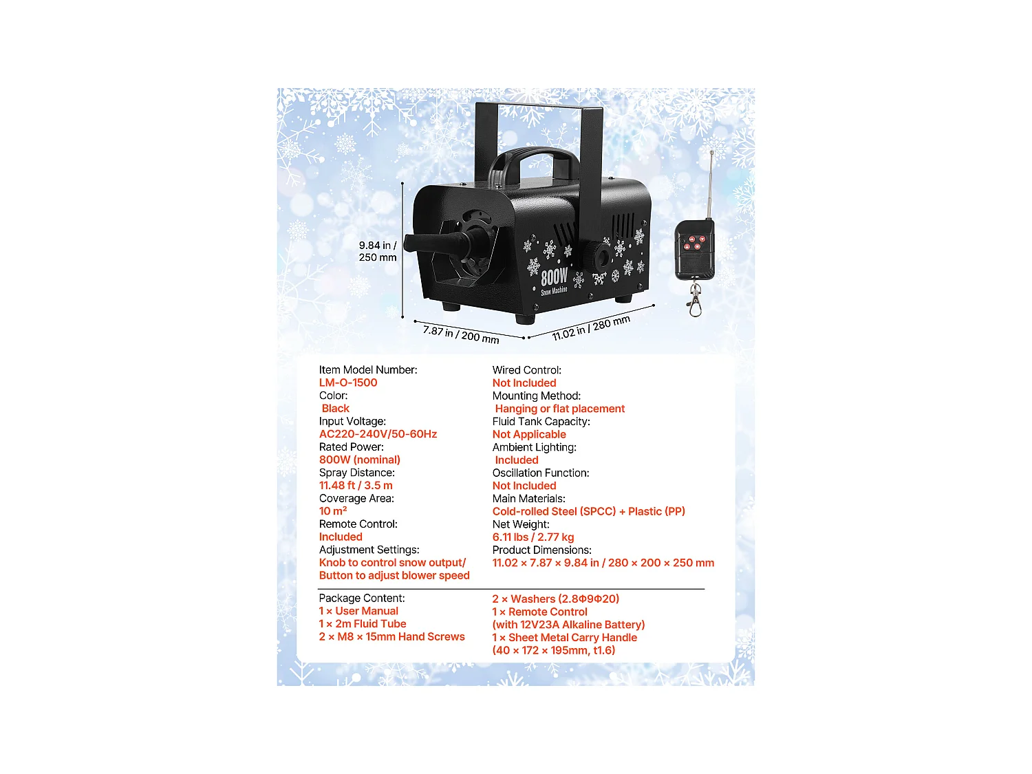 Machine à Neige SucceBuy 1500 W, Machine à Flocons de Neige Artificielle Portative Suspendue, avec Télécommande sans Fil, Réservoir 5 L, pour Fêtes de Noël