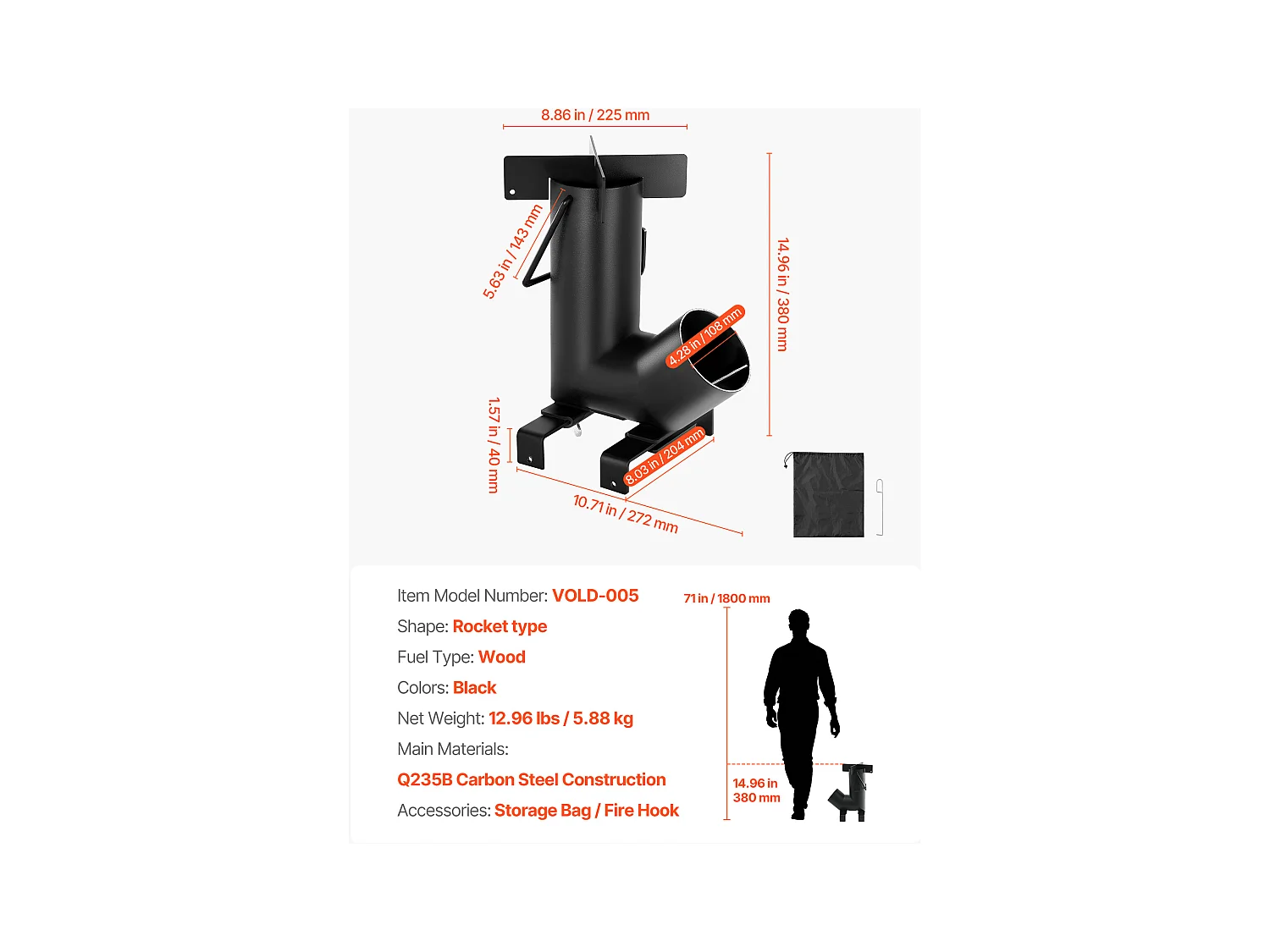 Rakietowy Piecyk Kempingowy SucceBuy, Przenośny Piec na Drewno ze Stali Węglowej, z Torbą Transportową, Solidny Piec na Drewno w Kształcie Rakiety