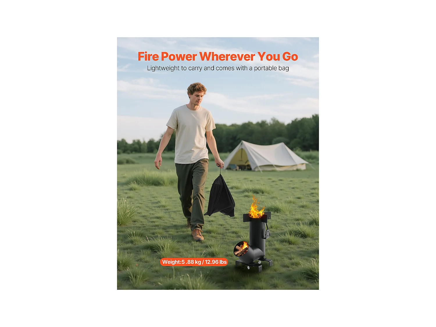 Rakietowy Piecyk Kempingowy SucceBuy, Przenośny Piec na Drewno ze Stali Węglowej, z Torbą Transportową, Solidny Piec na Drewno w Kształcie Rakiety