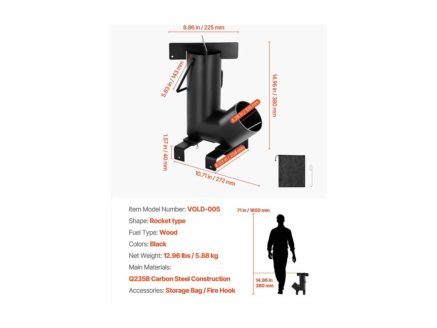 Réchaud Camping Rocket SucceBuy, Poêle à Bois Portable en Acier au Carbone, avec Sac de Transport, Réchaud à Bois Forme Fusée Robuste pour Cuisine et Chauffage