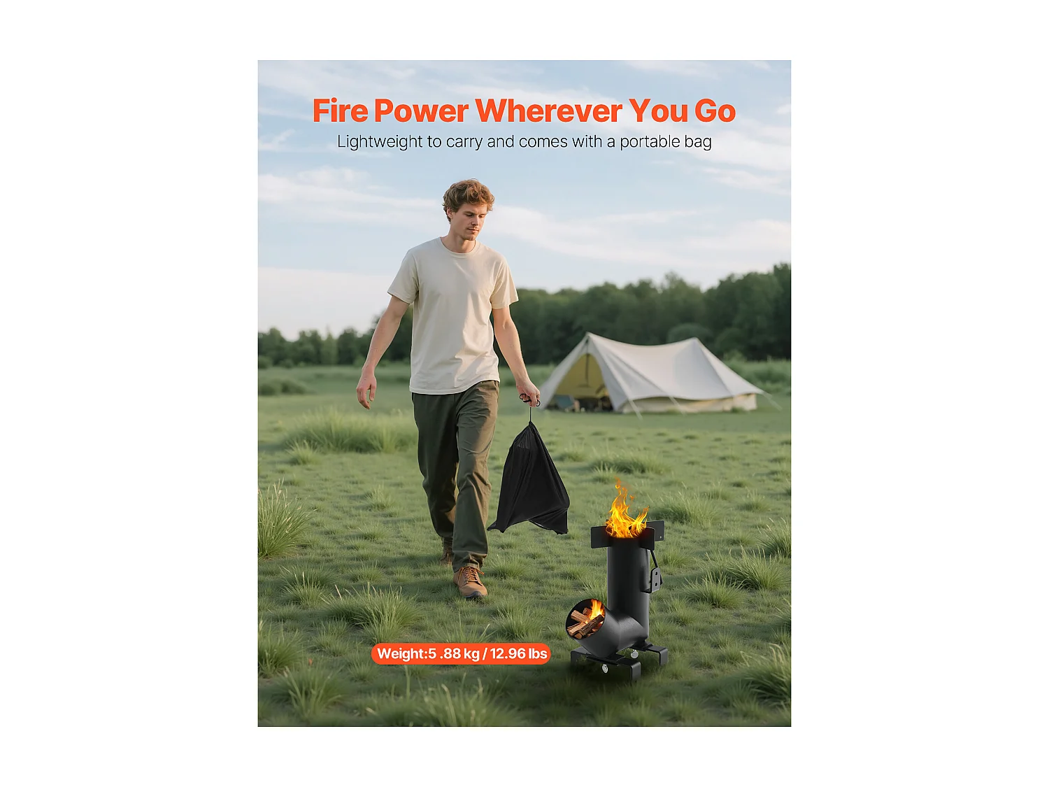 Réchaud Camping Rocket SucceBuy, Poêle à Bois Portable en Acier au Carbone, avec Sac de Transport, Réchaud à Bois Forme Fusée Robuste pour Cuisine et Chauffage