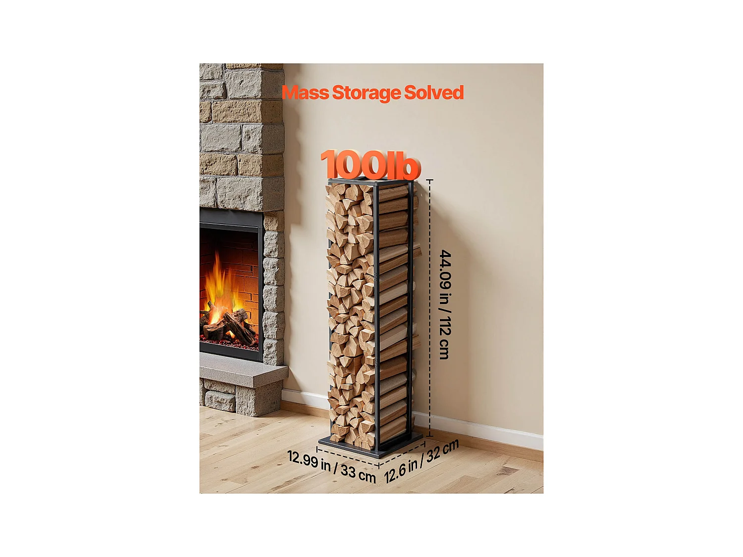 Support à Bois SucceBuy de Chauffage, 33 x 32 x 112 cm, Range-bûches d'Intérieur, Capacité de Charge 45,4 kg, Support de Rangement pour Bois haut