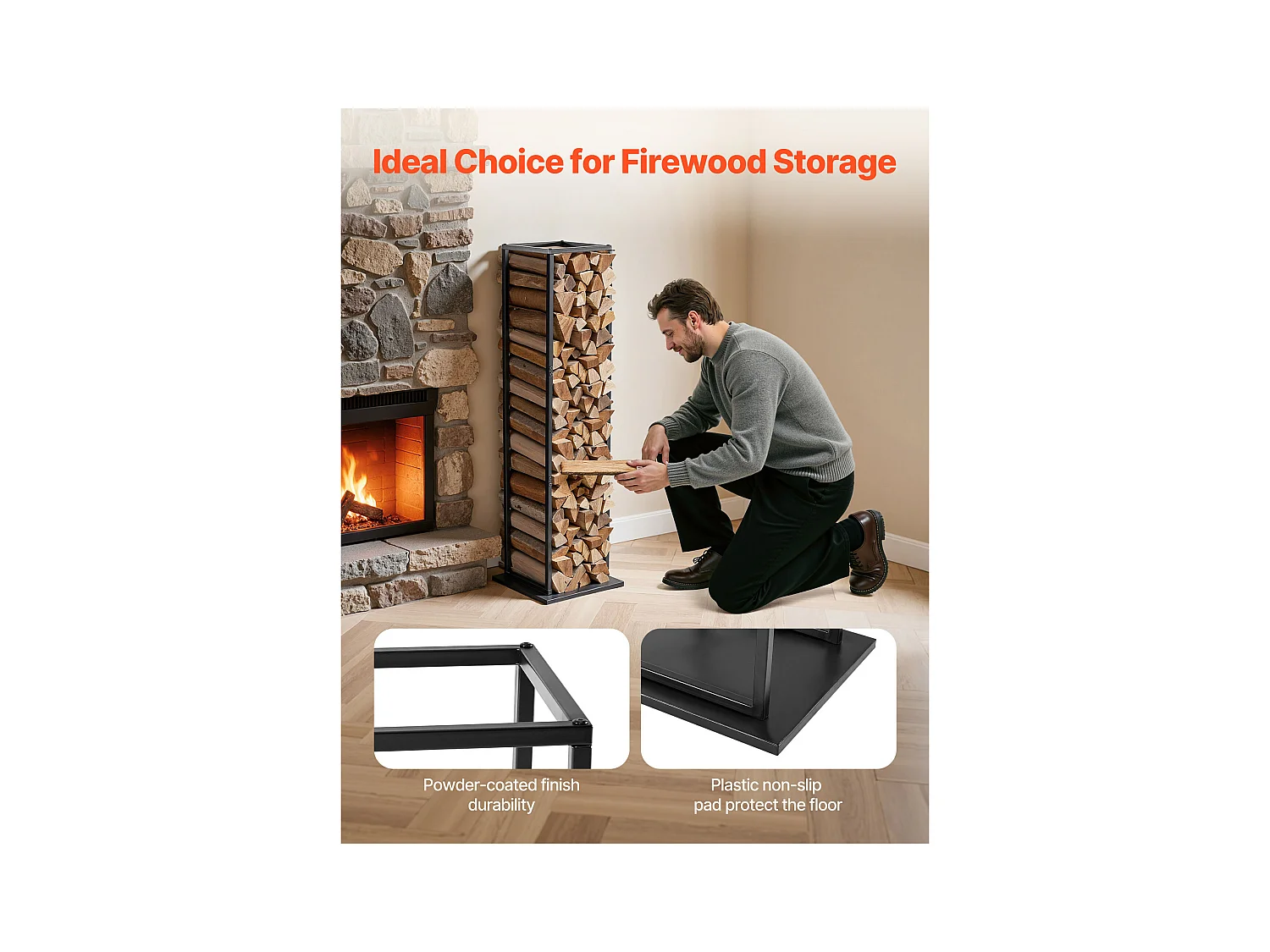 Support à Bois SucceBuy de Chauffage, 33 x 32 x 112 cm, Range-bûches d'Intérieur, Capacité de Charge 45,4 kg, Support de Rangement pour Bois haut