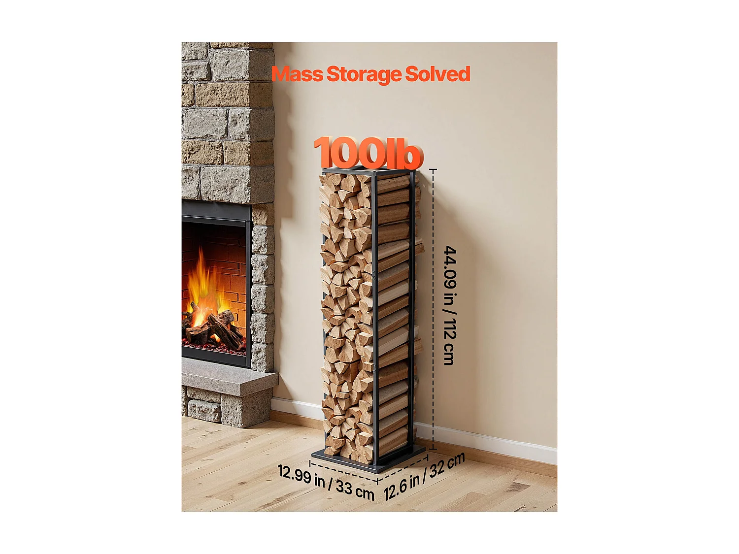 Suporte para Lenha SucceBuy de Aquecimento, 33 x 32 x 112 cm, Armazenamento de Lenha Interno, Capacidade de Carga 45,4 kg, Suporte de Armazenamento para Lenha Alto