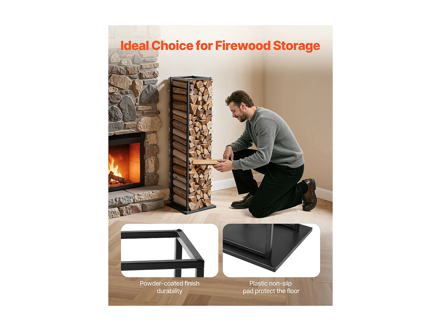 Suporte para Lenha SucceBuy de Aquecimento, 33 x 32 x 112 cm, Armazenamento de Lenha Interno, Capacidade de Carga 45,4 kg, Suporte de Armazenamento para Lenha Alto