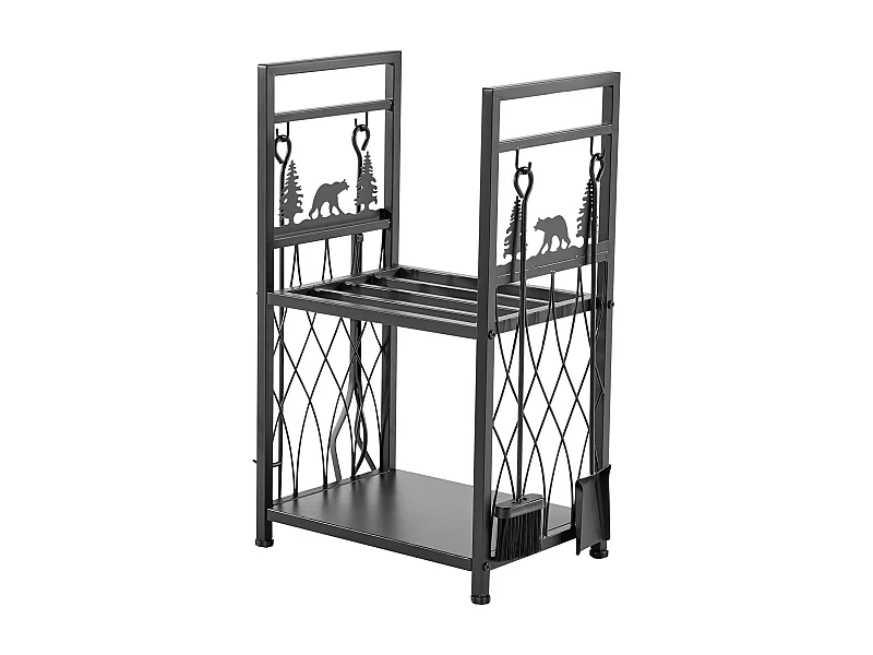 Support à Bois SucceBuy de Chauffage à 2 Niveaux, Range-bûches d'Intérieur, 45.5 x 33 x 76.5 cm, avec Outils de Cheminée, Brosse, Pelle, Tisonnier et Pinces