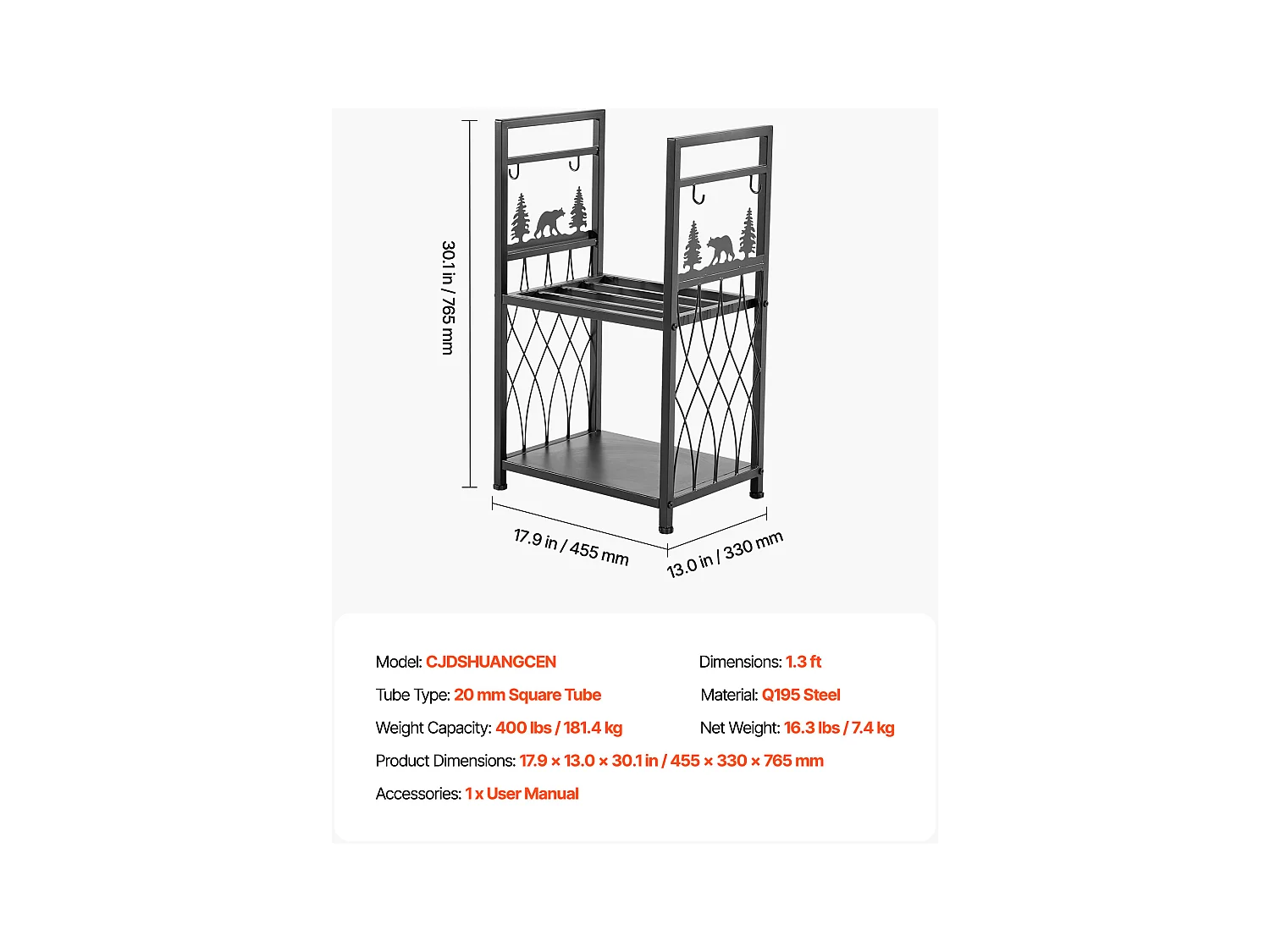 Support à Bois SucceBuy de Chauffage à 2 Niveaux, Range-bûches d'Intérieur, 45.5 x 33 x 76.5 cm, avec Outils de Cheminée, Brosse, Pelle, Tisonnier et Pinces