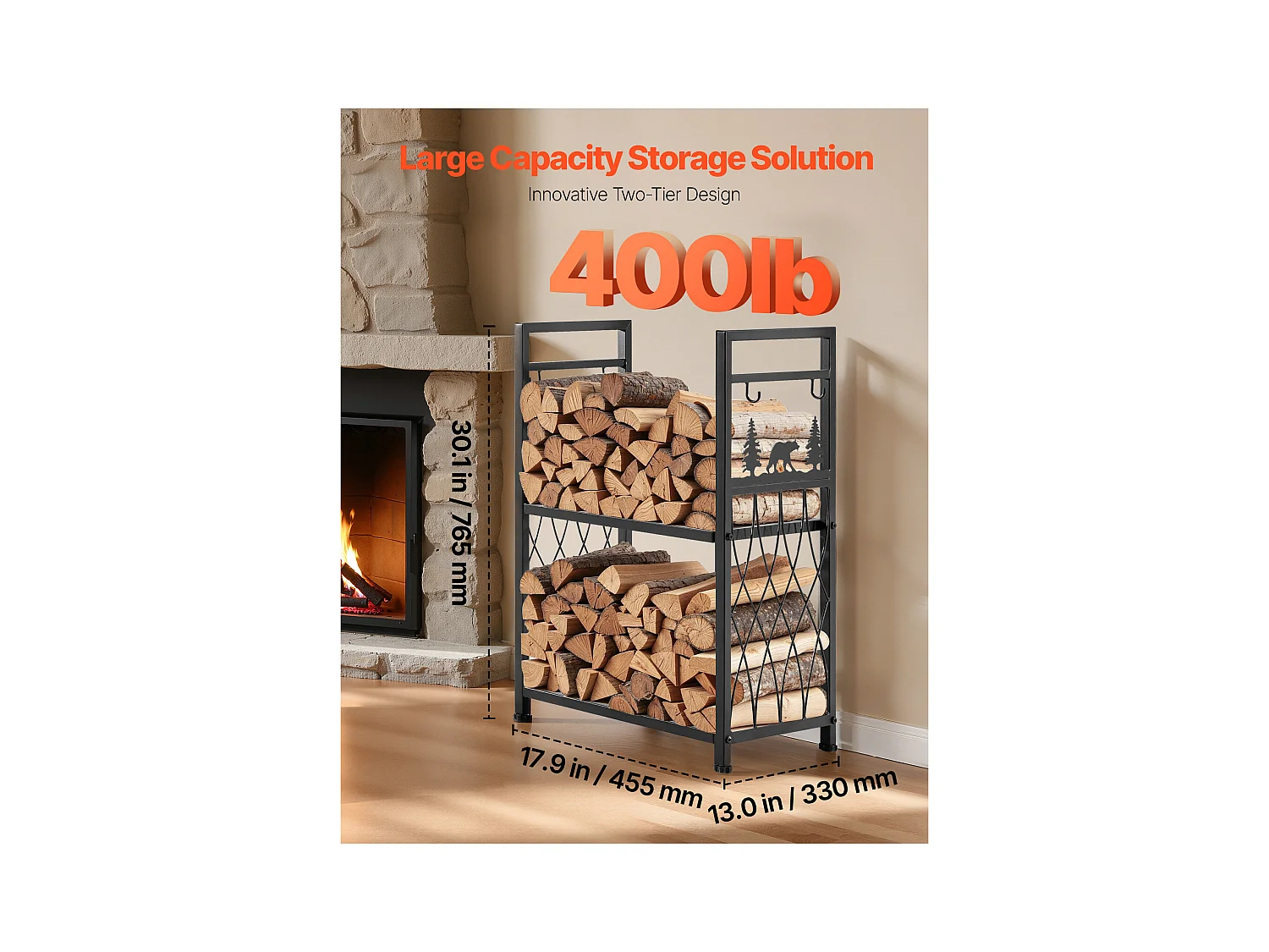 Support à Bois SucceBuy de Chauffage à 2 Niveaux, Range-bûches d'Intérieur, 45.5 x 33 x 76.5 cm, avec Outils de Cheminée, Brosse, Pelle, Tisonnier et Pinces