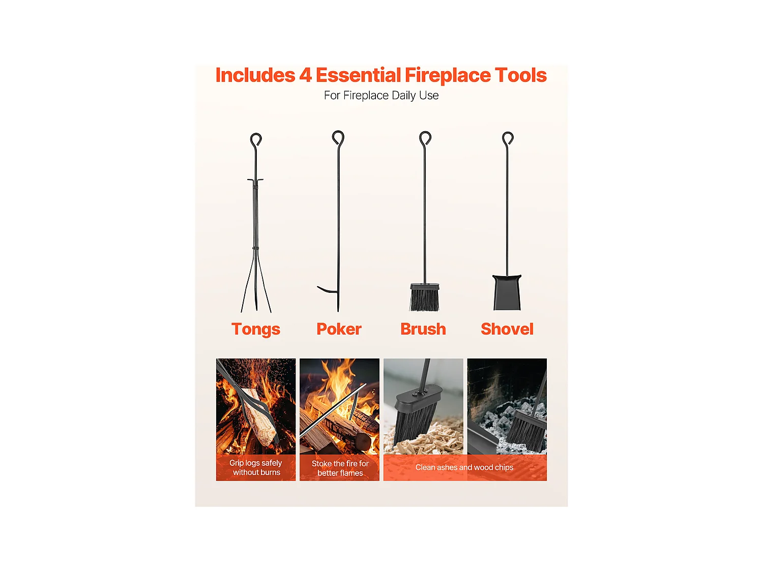 Support à Bois SucceBuy de Chauffage à 2 Niveaux, Range-bûches d'Intérieur, 45.5 x 33 x 76.5 cm, avec Outils de Cheminée, Brosse, Pelle, Tisonnier et Pinces