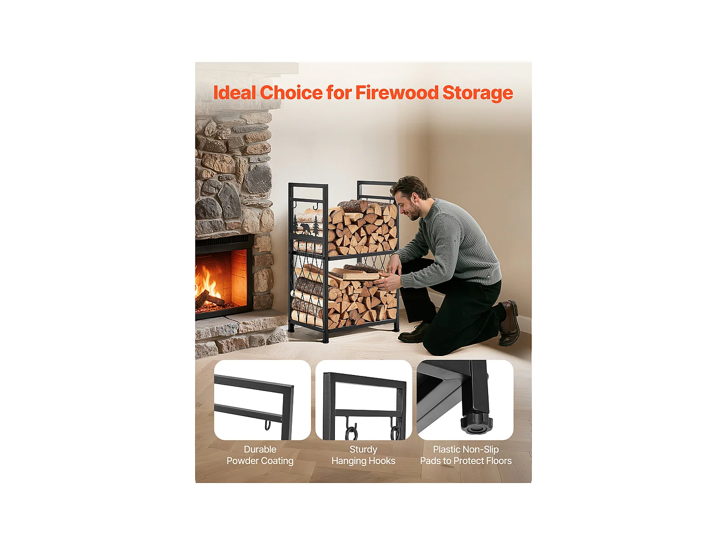 Support à Bois SucceBuy de Chauffage à 2 Niveaux, Range-bûches d'Intérieur, 45.5 x 33 x 76.5 cm, avec Outils de Cheminée, Brosse, Pelle, Tisonnier et Pinces