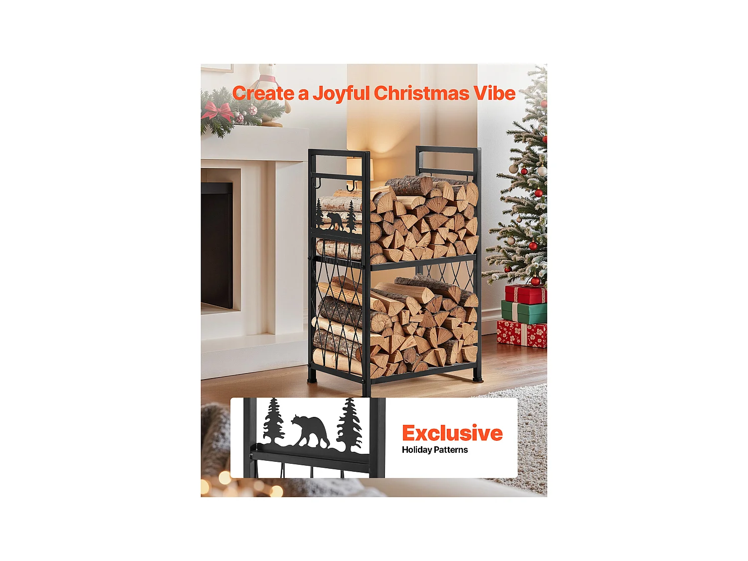 Support à Bois SucceBuy de Chauffage à 2 Niveaux, Range-bûches d'Intérieur, 45.5 x 33 x 76.5 cm, avec Outils de Cheminée, Brosse, Pelle, Tisonnier et Pinces