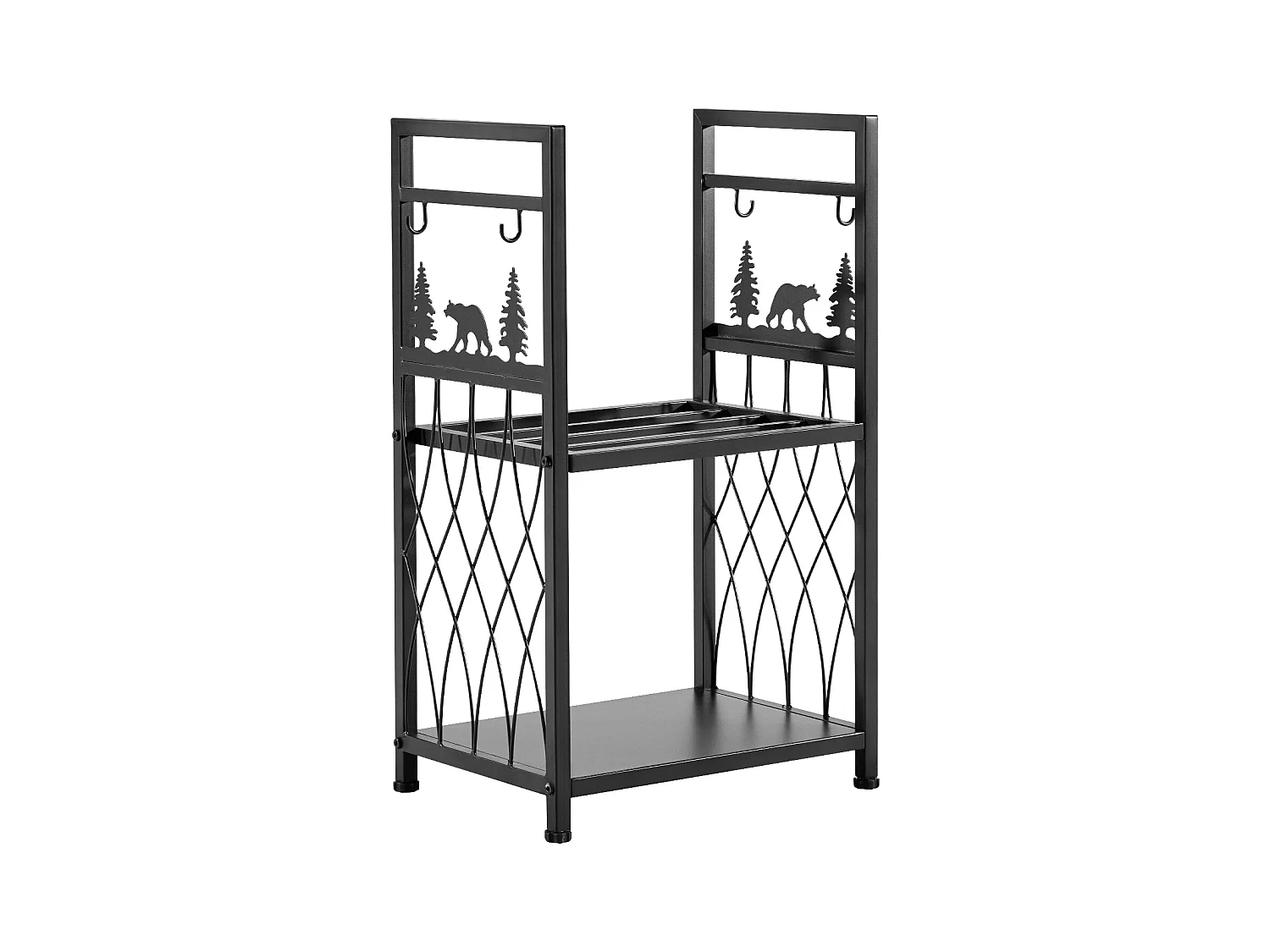 Support à Bois SucceBuy de Chauffage à 2 Niveaux, Range-bûches d'Intérieur, 45.5 x 33 x 76.5 cm, avec Outils de Cheminée, Brosse, Pelle, Tisonnier et Pinces