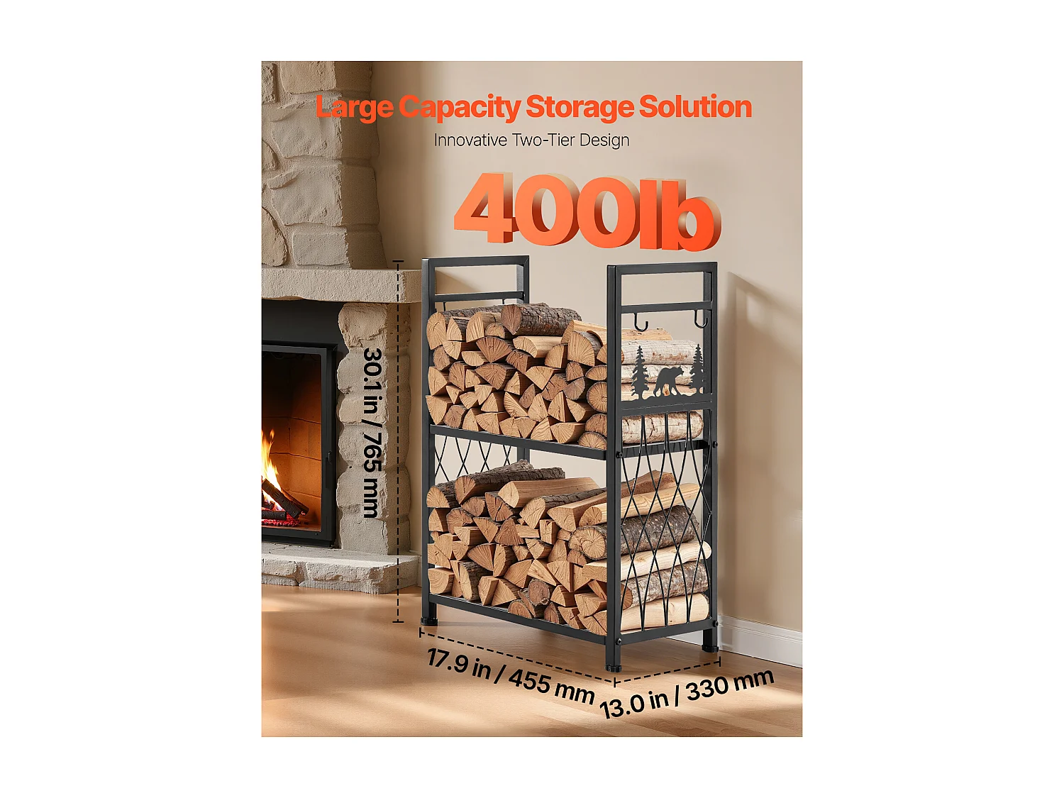 Suporte para Lenha SucceBuy de Aquecimento de 2 Níveis, Armazenamento de Lenha Interno, 45.5 x 33 x 76.5 cm, com Ferramentas de Lareira, Escova, Pá