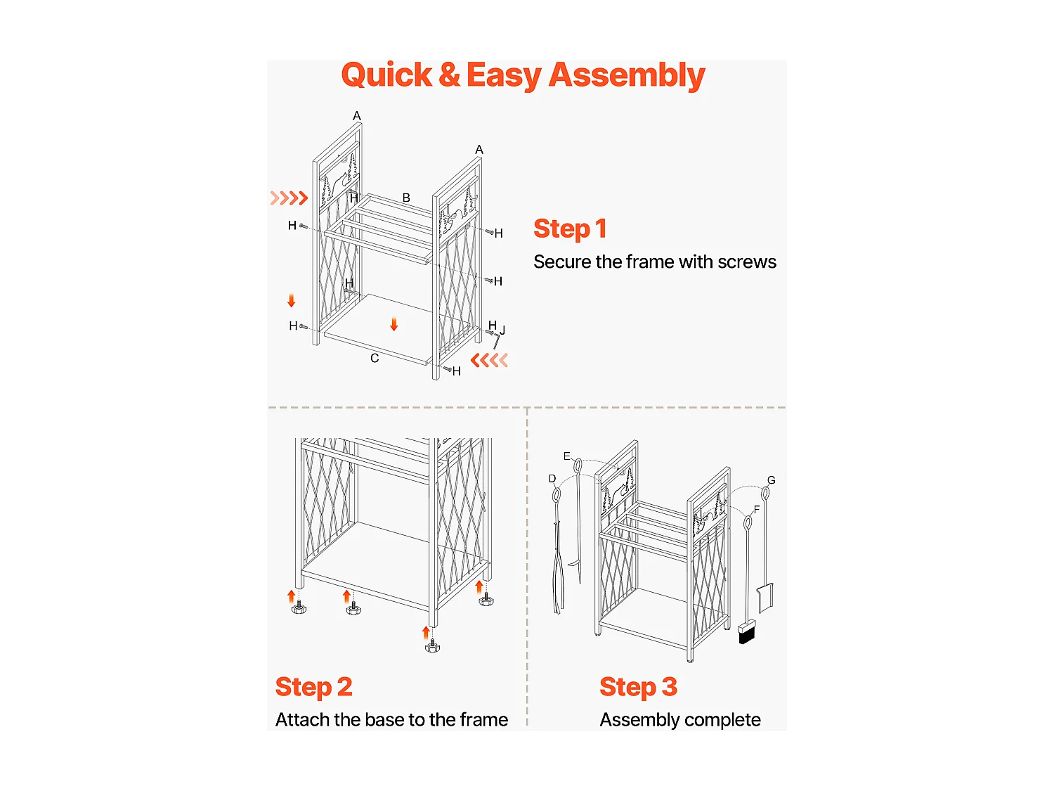 Suporte para Lenha SucceBuy de Aquecimento de 2 Níveis, Armazenamento de Lenha Interno, 45.5 x 33 x 76.5 cm, com Ferramentas de Lareira, Escova, Pá