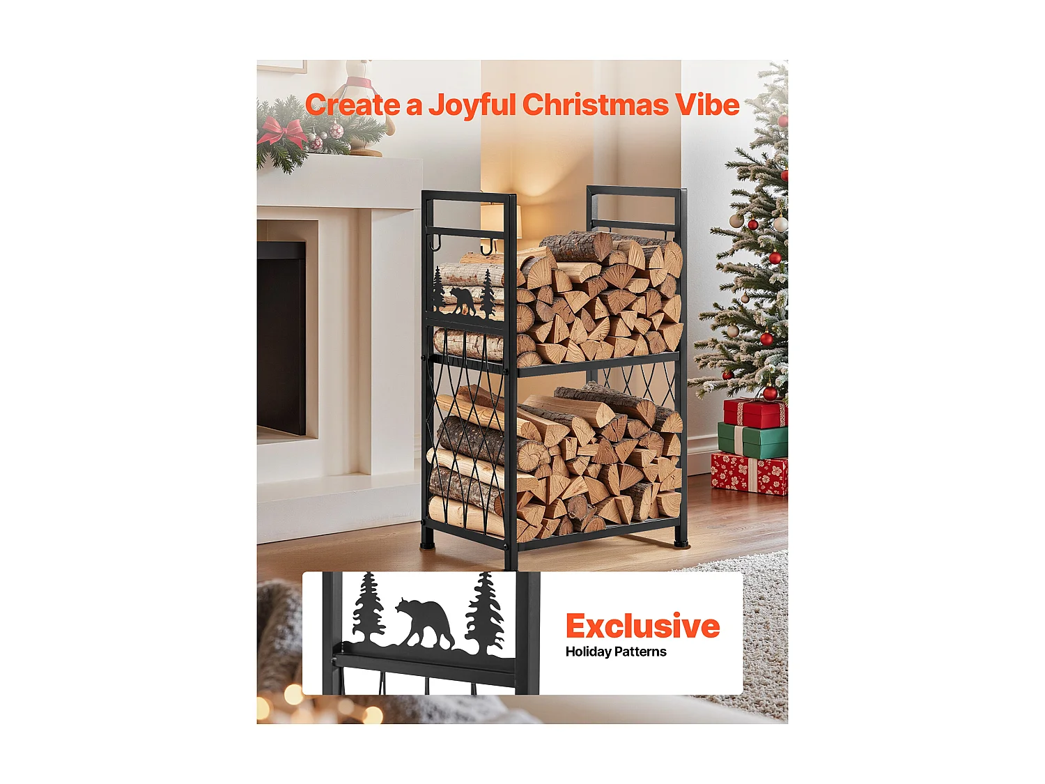 Suporte para Lenha SucceBuy de Aquecimento de 2 Níveis, Armazenamento de Lenha Interno, 45.5 x 33 x 76.5 cm, com Ferramentas de Lareira, Escova, Pá