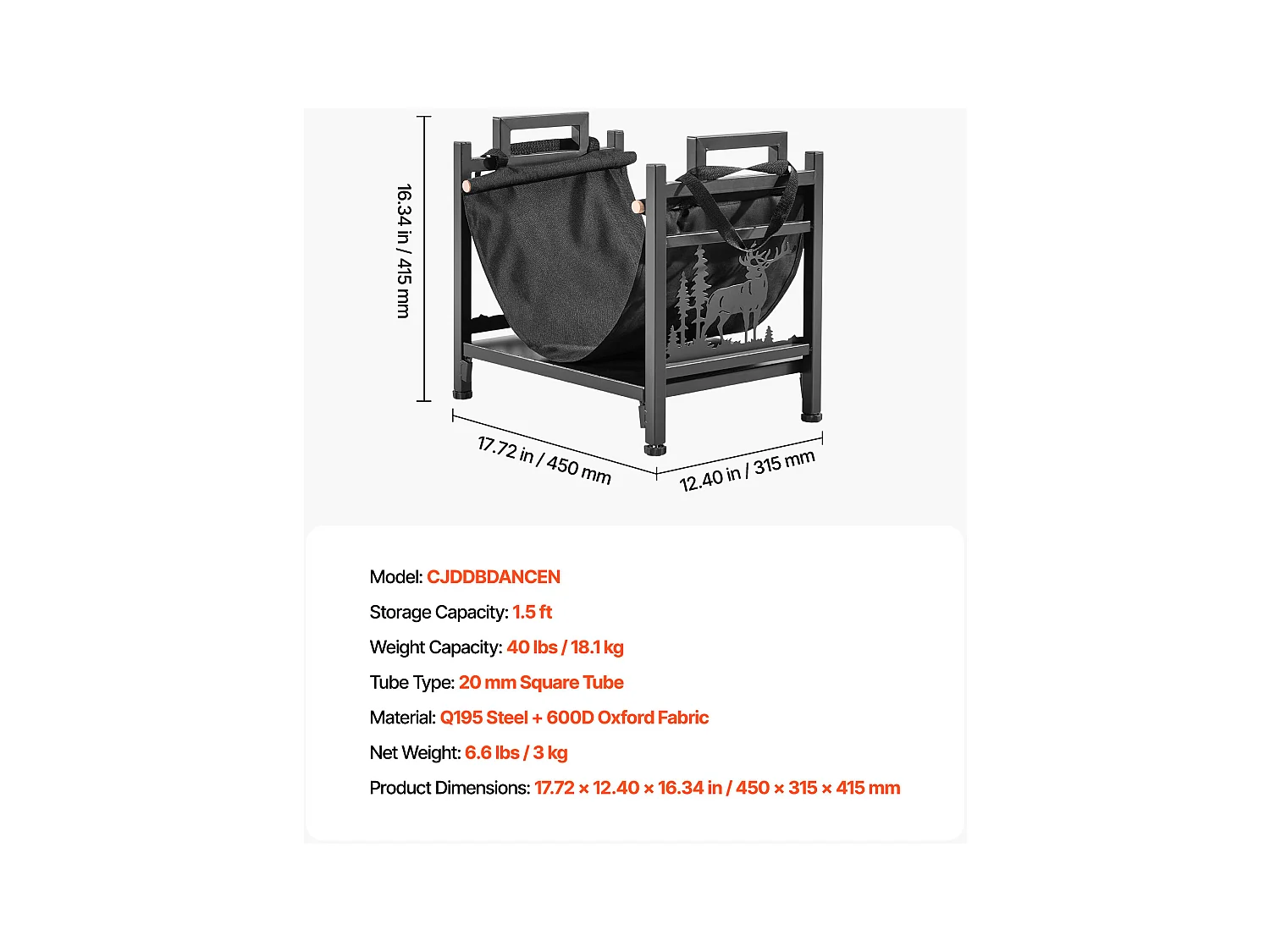 Support à Bois SucceBuy de Chauffage d'Intérieur, Range-bûches Incurvé 45 x 31.5 x 41.5 cm, avec Support en Toile, Capacité de Charge 18,1 kg, Rangement à Bûches