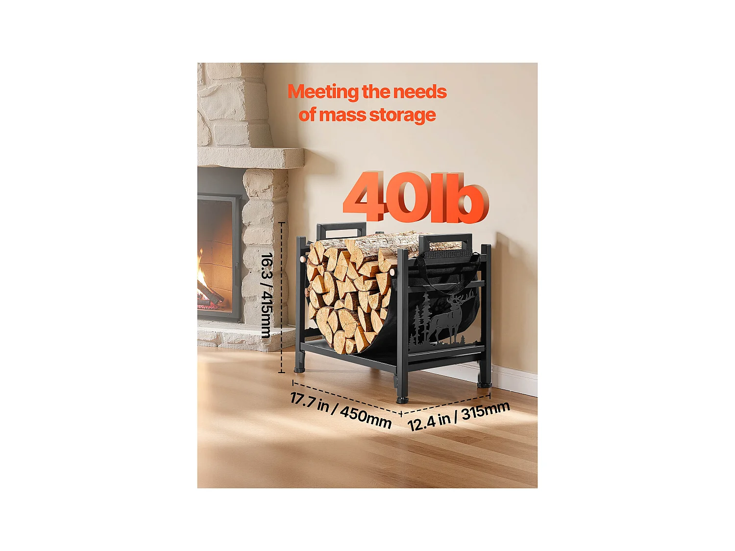 Support à Bois SucceBuy de Chauffage d'Intérieur, Range-bûches Incurvé 45 x 31.5 x 41.5 cm, avec Support en Toile, Capacité de Charge 18,1 kg, Rangement à Bûches